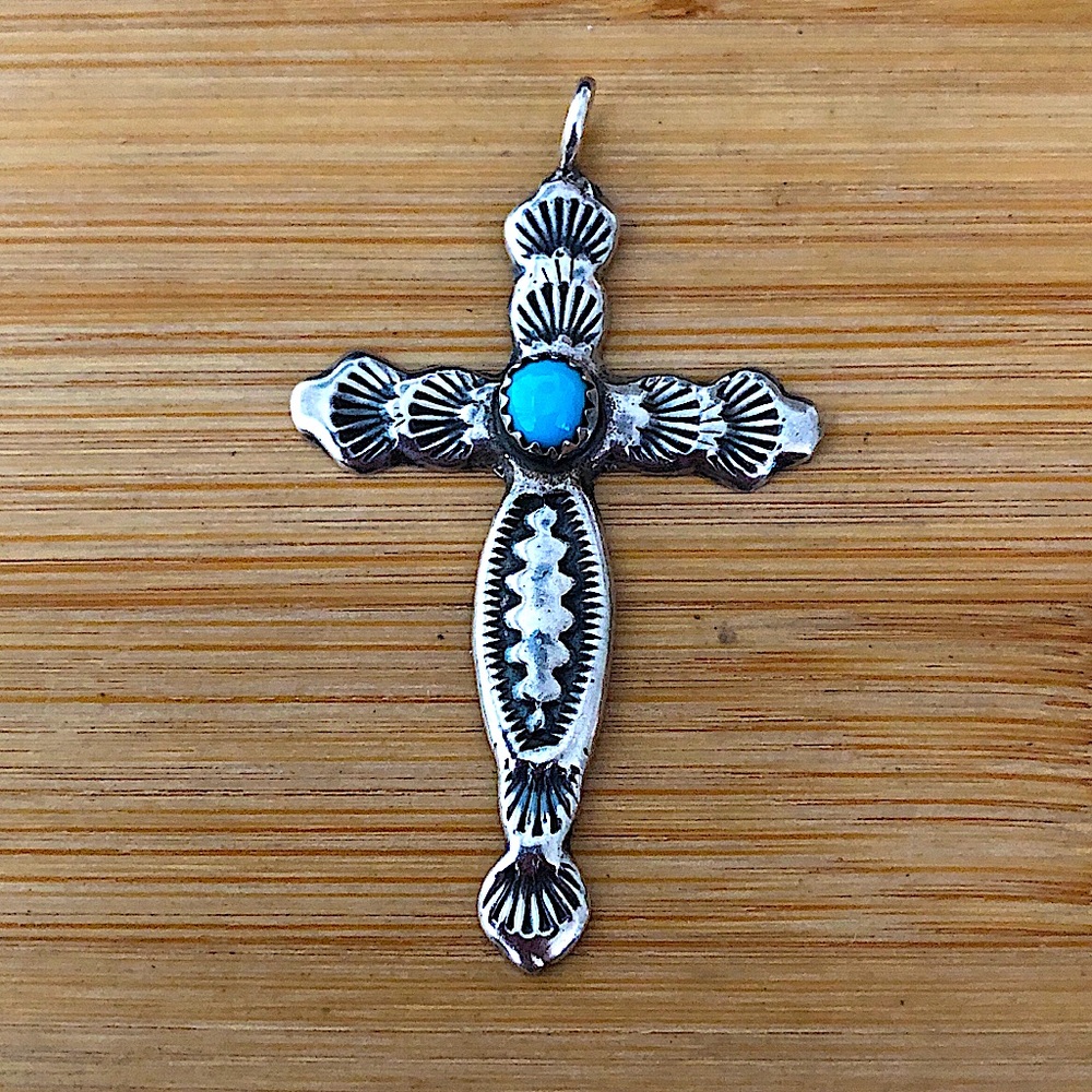 $48  Vintage Estate Cross  Sterling Silver & Turquoise  No Mark